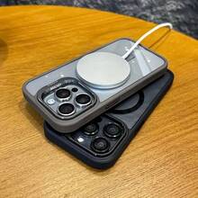 Simplified Magnetic Metal Frame Lens Protective Film/Bracket Three In One Phone Case Suitable For 16 16pro 16proMax 15 15Pro 15ProMax 14 14Pro 14ProMax 13 13Pro 13ProMax 17 17Pro 17ProMax 11 Acrylic Anti Drop Hard Shell Protective Case For The Back Cover - Black - View 5