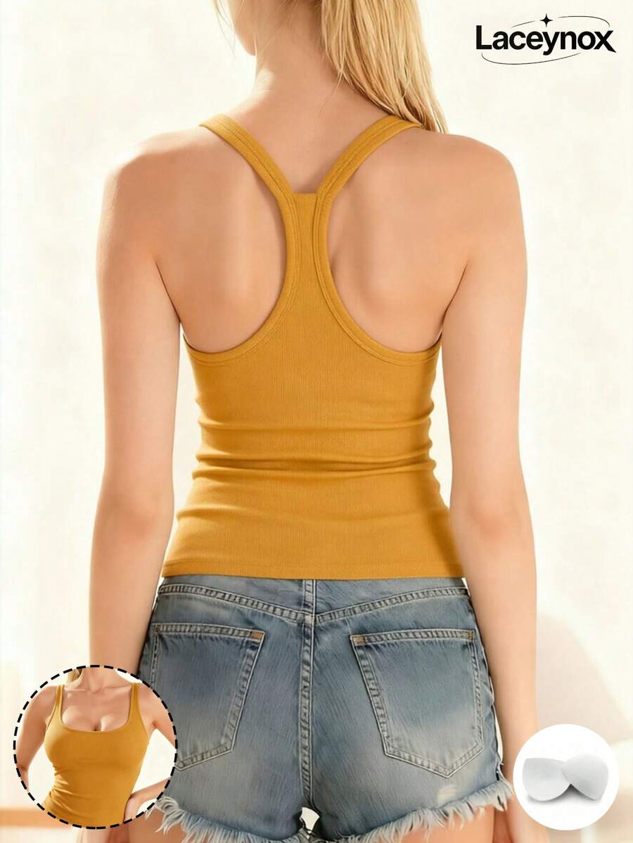 女款橘色無袖內建胸墊背心，夏季薄款中彈力針織細肩帶上衣，性感風格女上衣