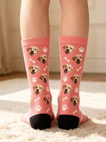 Custom Pink Dog Face Photo Socks, Personalized Pet Crew Socks, Custom Printed Puppy Face Paw Bone Socks, Novelty Gift For Dog Lovers - Multicolor - View 2