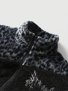Modcrash Men's Autumn/Winter Daily American Retro Dark Street Style Leopard Print Patchwork Cross Embroidery Stand Collar Long Sleeve Jacket Regular Fit Casual - Black - View 6