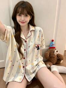 2pcs/Set Women's Pajamas Homewear Set, New Style Cardigan With Chest Pocket, Cute Puppy Print Short Sleeve, Star Print Shorts, Simple Casual, Suitable For Spring And Summer - Multicolor - View 11