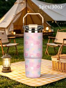 1pc/5pcs 30oz Macaron Color Plaid Floral Insulated Tumbler, Stainless Steel Material, With Handle, Straw And Leak-Proof Flip Lid, Soft Colorful Floral And Macaron Plaid Print, Birthday And Holiday Gift, Suitable For Travel, Work, Fitness And Daily Outdoor Use - Pink - Plaid Floral - View 10