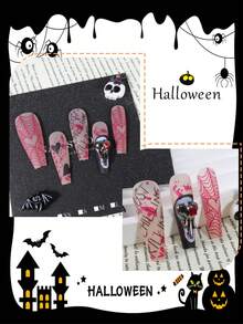 24 Peças Unhas Postiças Quadradas Longas de Halloween com Manchas de Sangue, Teia de Aranha, Coração, Letra, Decoração de Caveira 3D, Estilo Doce e Legal Escuro, Adequado para Uso Diário de Meninas e Mulheres, Festa de Feriado, Cosplay, Tema de Halloween - Multicolorido - Visão 3