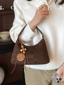 low tea 1pc Minimalist Fashion Suede Fabric Handbag With Adjustable Shoulder Strap, Suitable For Commuting, Shopping, Etc. (With Pendant) - Coffee - View 6