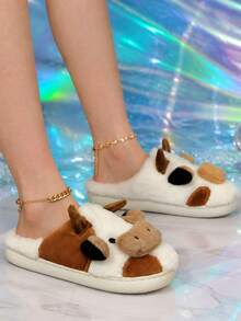 Women's Slip-On Cow Pattern Decor Closed Toe Open Back Mule Slippers - Brown - View 3