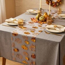 Halloween Thanksgiving Theme Table Runner Transparent Pumpkin Pattern Party Backdrop Decor For Birthdays Anniversaries Home Decor Holiday Parties Photo Background Halloween Thanksgiving Party Banquet Decor - A - View 2