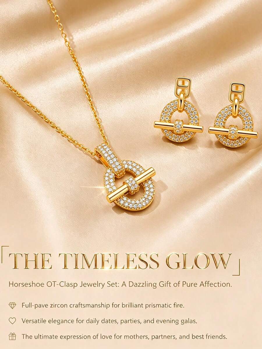 Juego de joyería de 3 piezas con collar y pendientes de lujo con hebilla de herradura creativa, incrustaciones de cobre y circonita artificial, adecuado para novia, mejor amiga, esposa, perfecto para el Festival de Qixi, Día de San Valentín, cumpleaños, aniversario, uso diario, banquete, cita, fiesta nocturna, estilo clásico atemporal para negocios y viajes, joyería vintage francesa - estilo geométrico - Ver 1