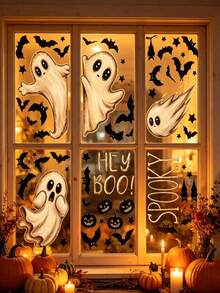 6 Large Halloween Stickers, Ghost Theme Design Window Stickers, Cute Ghost Style Halloween Window Stickers, Halloween Party Decoration, Halloween Street View Window Display Stickers, Halloween - Multicolor - View 6