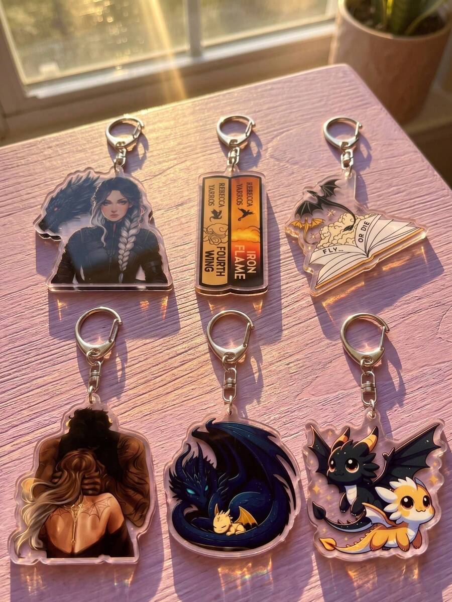 1pc/6pcs "Fourth Wing" And "Iron Flame" Series Themed Acrylic Keychains, Featuring Classic Book Cover Design, Dragon Elements, Plot Illustrations, High Transparency Material, Irregular Silhouette, High-Definition Printing With Exquisite D-Shaped Buckle, Fashionable Multi-Functional Bag Charm, Suitable For: Back To School, Book Fan Gifts, Exquisite Collection, All Seasons. - Multicolor - View 1