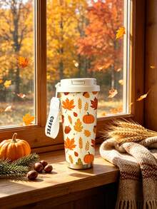 1pc/5pcs 500ml Thanksgiving Autumn Harvest Pattern Insulated Coffee Cup, With Carrying Strap, Reusable Travel Insulated Coffee Cup, Fashionable Drinking Cup, For Iced Coffee, Birthday Holiday Gift For Boyfriend, Pumpkin Maple Leaf Print, Couple Water Cup Suitable For Camping, Road Trips And Holiday Gifts - Multicolor - View 8
