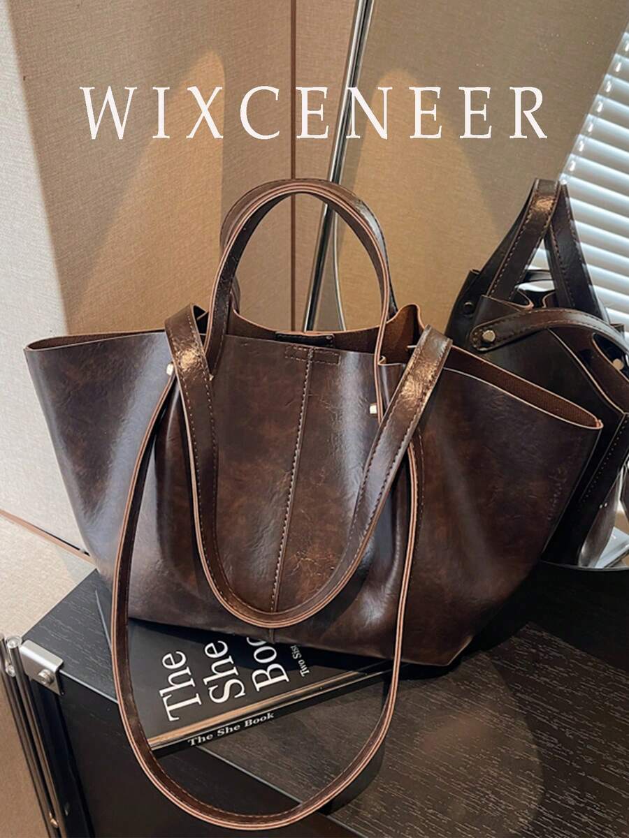 Solid Color Large Capacity Tote Bag Casual Bookbag Dual Handle Design Magnetic Closure Shoulder Bag Suitable For Travel Shopping Dating Office