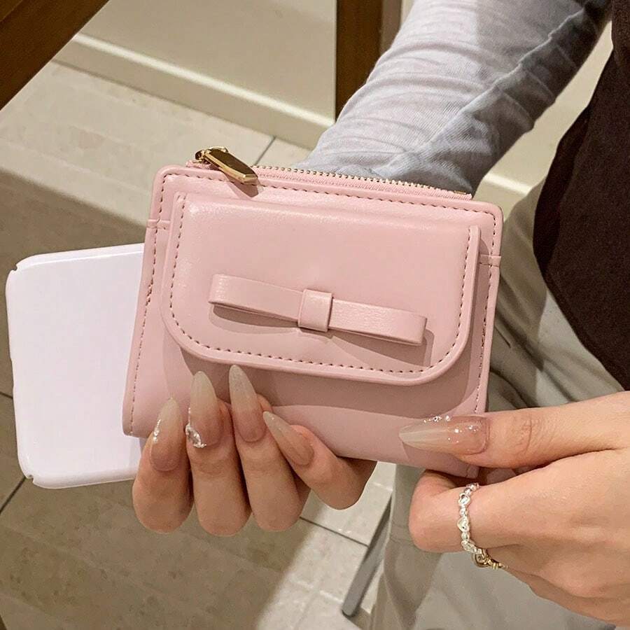 Korean Style Bowknot Short Wallet For Women, Minimalist PU Leather Multi-Card Slot Chain Coin Purse
