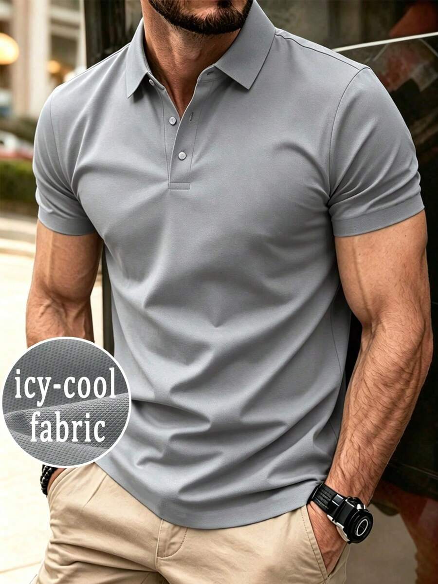 男士夏季冰絲快乾涼感 Polo 衫，商務薄款短袖 T-shirt，休閒彈性素色運動上衣