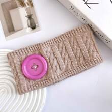 1PC 2026 New Autumn/Winter Thermal Lined Knitted Knitted Headband, Fashionable Ins Style Colorful Button Versatile Wide Band Warm Hair Tie With Pattern Design, Casual Polyester Fiber Anti-Cold Headband For Autumn/Winter - As Picture - View 6