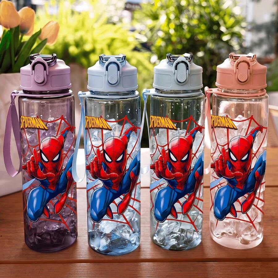 1pc 5 Colors Spider-Man Style Anti-Spill Flip Top Sports Water Bottle, Back To School Essential, Car Accessory, Portable & Fashionable Design, 750ml-27oz Travel Cup With Strap, Straw And Lid, Cute Design, High Quality, Leak-Proof, Shock-Proof, Durable Outdoor Sports Water Cup, Large Capacity Portable Cup, Suitable For Short Trips, Hiking - Multicolor - View 1