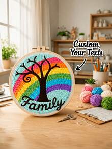 Rainbow Tree Customized Text Embroidery Hoop Art, Handmade Yarn Stitching Craft, Personalized Home Wall Decor, Colorful Room Decoration, Meaningful Gift For Loved Ones, Create Your Own Exclusive Artwork - Multicolor - View 1