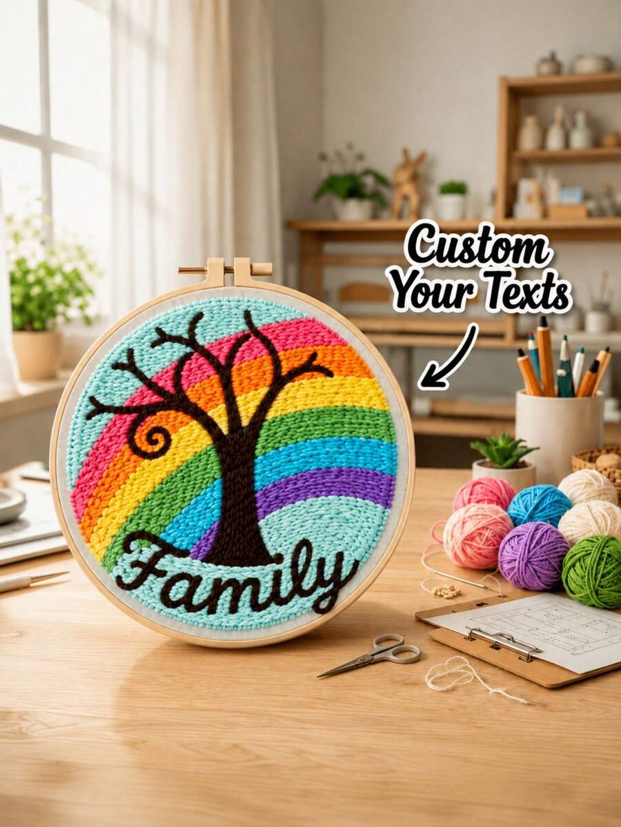 Rainbow Tree Customized Text Embroidery Hoop Art, Handmade Yarn Stitching Craft, Personalized Home Wall Decor, Colorful Room Decoration, Meaningful Gift For Loved Ones, Create Your Own Exclusive Artwork - Multicolor - View 1