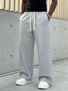 American Retro Wide Leg Sweatpants For Men, Loose Drape Concealing And Slimming, Drawstring High Waist Design Suitable For Various Body Types. Versatile For Daily Commute, Streetwear, Fashionable Men's Casual Long Pants - Light Grey - View 10