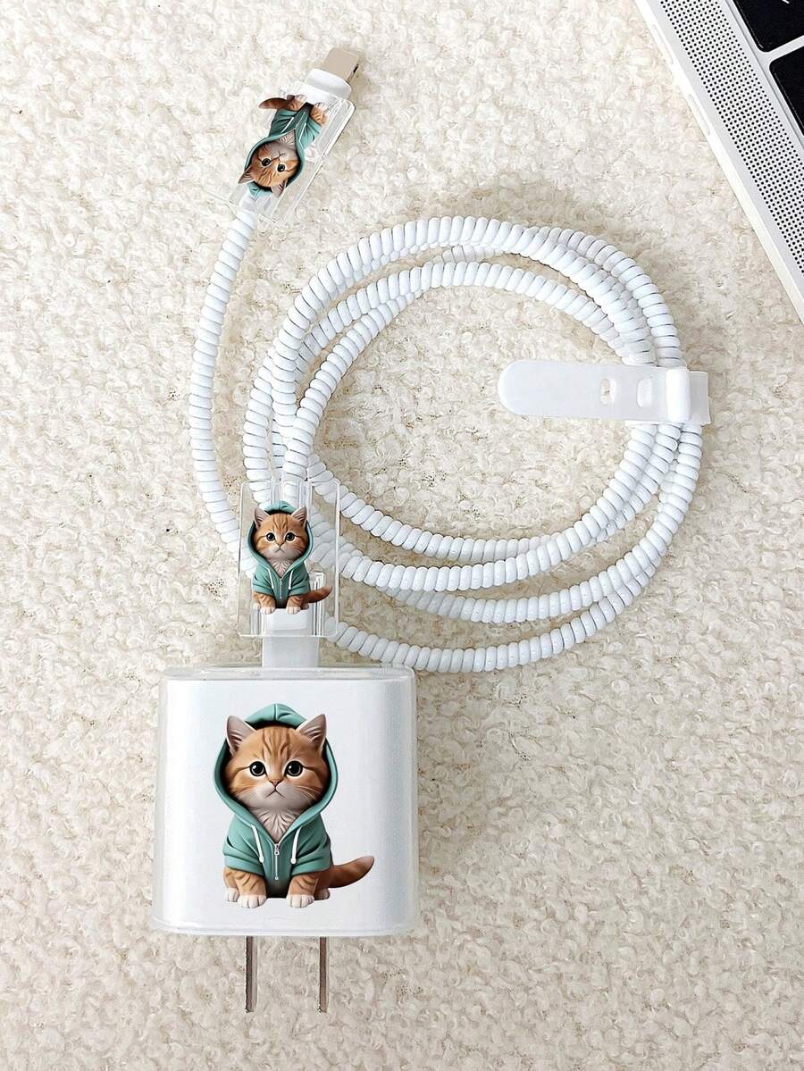 Cat Data Cable Storage Protection Set, Suitable Compatible With Apple/18W20W Mobile Phone Charging Cable Fixed Clip Protection Case, Data Cable Anti Breakage, Cute Cat Data Cable Protection Case - Multicolor - View 1