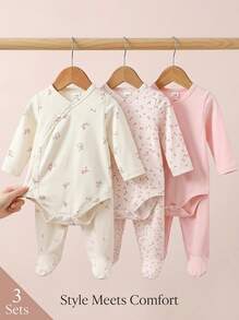 3 Sets Newborn Baby Girl Cute Light Pink Ditsy Floral Long Sleeve Romper Outfit, Soft And Comfortable, Suitable For Autumn School Wear - Baby Pink - View 14