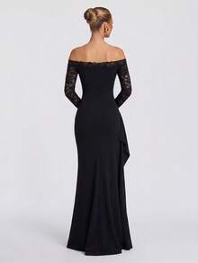 Elegant Sexy Lace Off-Shoulder Slit Evening Dress, Ruched Waist Design, Perfect For Evening Parties And Balls - Black - View 5