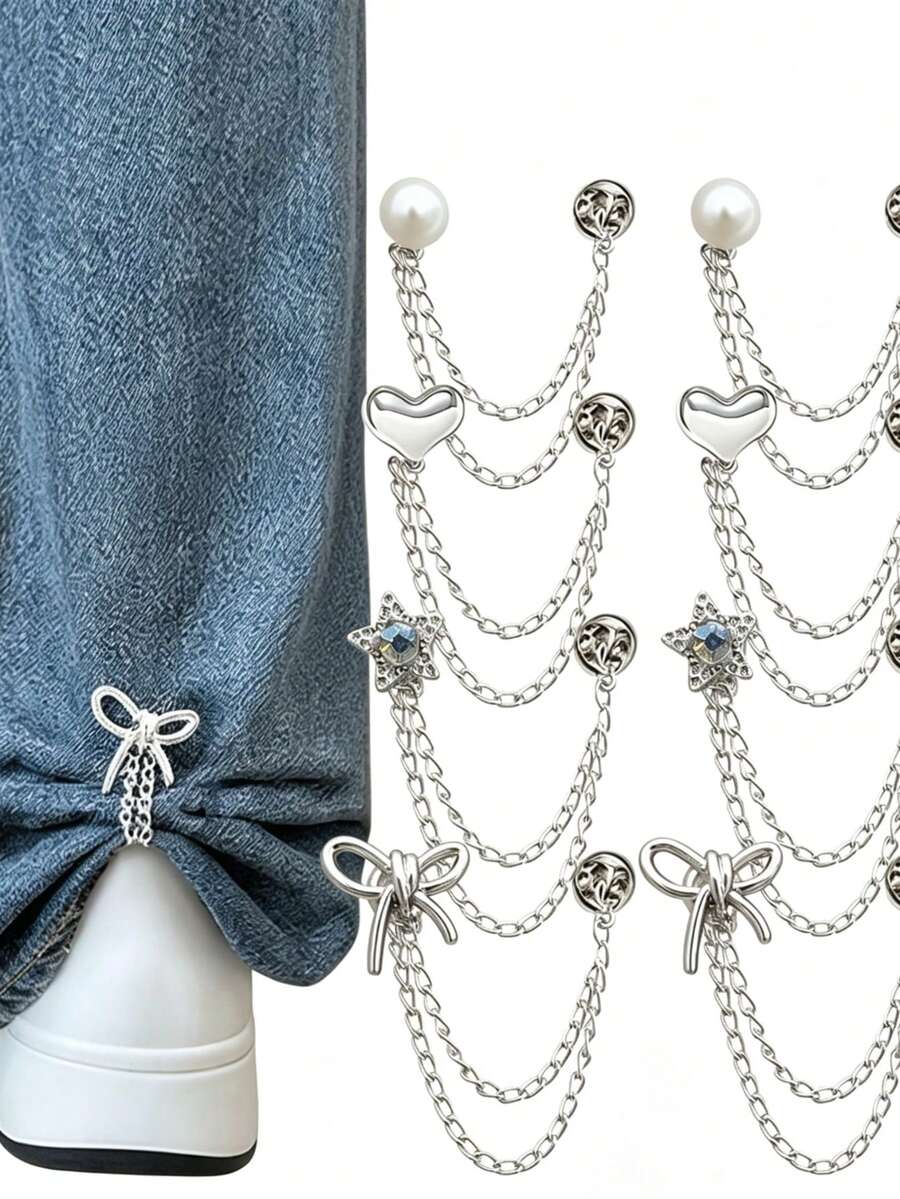 Set Of 8 Multifunctional Clothing Clips – Metal Star, Heart, And Ribbon Designs – Clips For Cinching Pant Hems And Securing Sleeves – Universal Use For Shirts And Pants – Creative Decorative Buckle-Chain Clips – Pant Hem Shortening And Organizing Tools