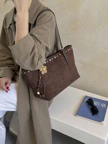 Women's Shoulder Tote Bag, Fashionable Elegant Autumn/Winter Matte Large Capacity Coffee Color Bag With Rivet Embellishment - Coffee - View 7