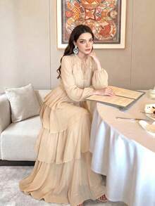 Women's New Solid Color Elegant Small Stand Collar Long Sleeve Tiered Ruffle Design Fashion Luxury Slimming Waist Flared Dress - Apricot - View 1