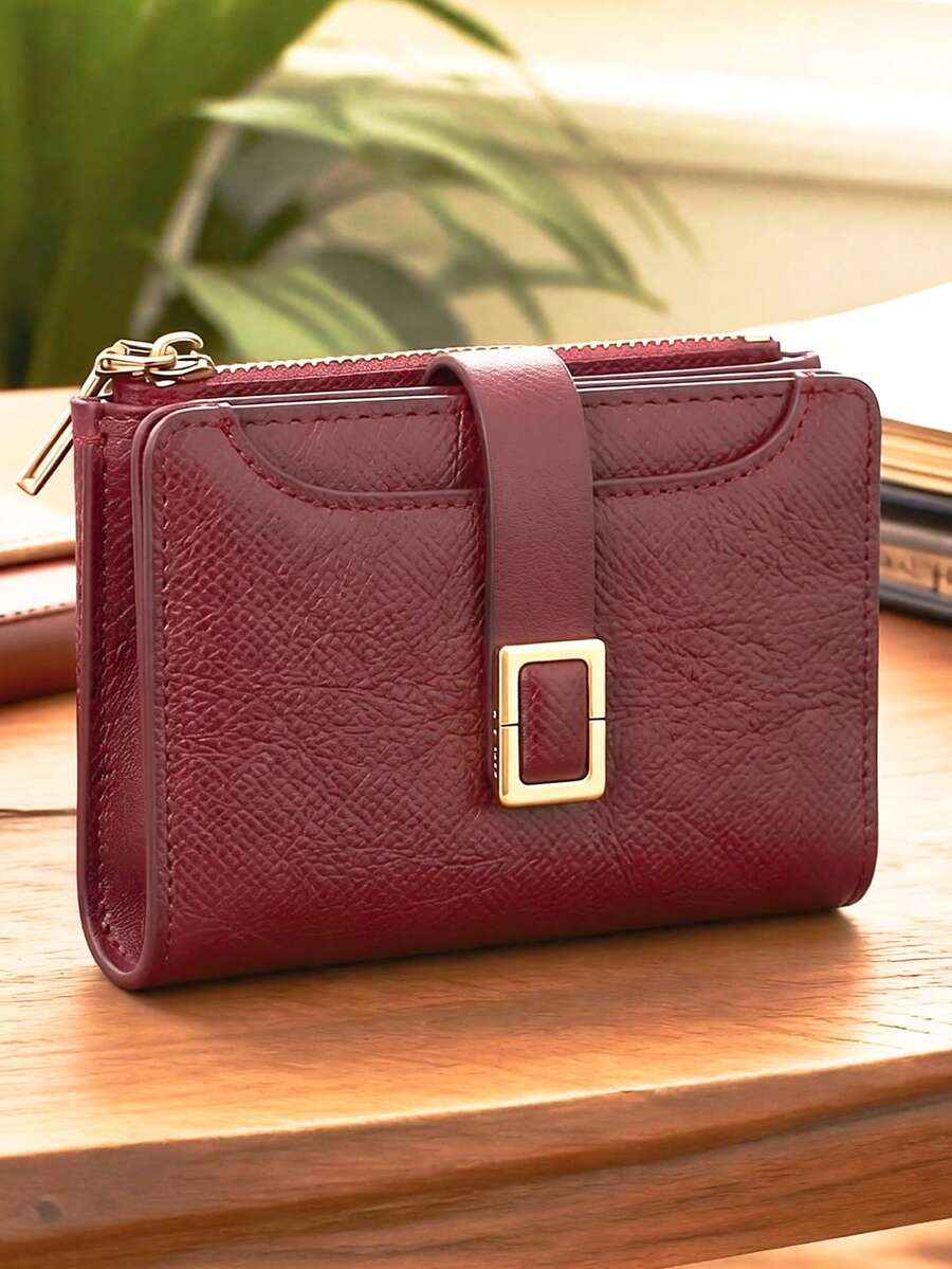 Women's Short Colorblock Patchwork Wallet, Fashionable Fabric Texture PU Multi-Function ID Card Holder, Exquisite Fashionable Snap Closure Large Capacity Zipper Card Holder Coin Purse For Young Students, Lightweight And Convenient To Carry, Suitable As Holiday Gift - Red - View 1