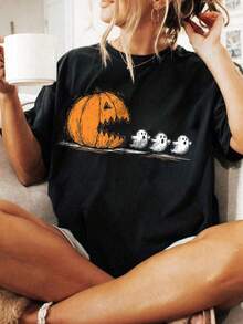 Theme Pumpkin Chasing Ghost Print Plus Size Women's Embossed T-Shirt, Suitable For Halloween , Autumn Casual Black Summer - Black - View 1