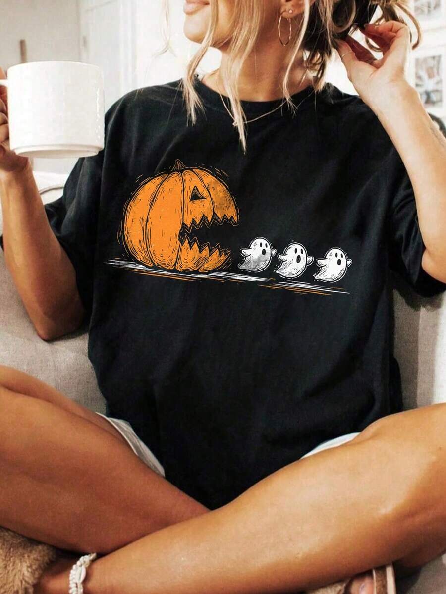 Theme Pumpkin Chasing Ghost Print Plus Size Women's Embossed T-Shirt, Suitable For Halloween , Autumn Casual Black Summer - Black - View 1