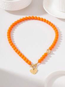 Royal Blue Acrylic Beaded Necklace With Delicate Heart Pendant And OT Clasp - Royal Blue - View 13
