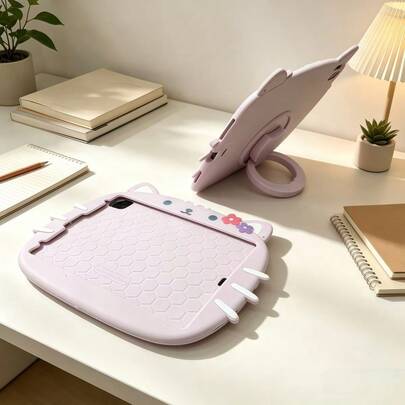 1pc Cute Cat Silicone Tablet Protective Case, 360° Rotating Stand With Pen Slot Multi-Angle Anti-Drop Protective Shell, With Handle, Compatible With IPad A6/ Pad 6/6 Pro/7/7 Pro/ MatePad SE/Honor Pad X8A Models, Suitable For Learning, Office, Entertainment And Watching
