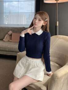 Korean Style College Style Color Block Polo Collar Long Sleeve Knit Sweater Women Autumn Youthful Slimming Versatile Crop Top - Navy Blue - View 4