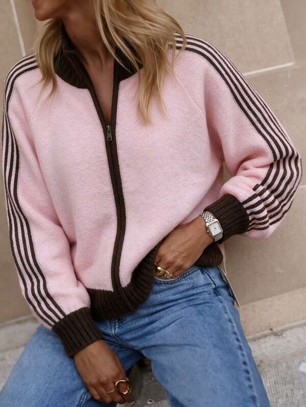 Women's Pink Rib-Knit Cardigan With Zipper And Side Stripe Long Sleeves, Stand Collar, Regular Length, Medium Stretch Fabric, Perfect For Fall Outfits