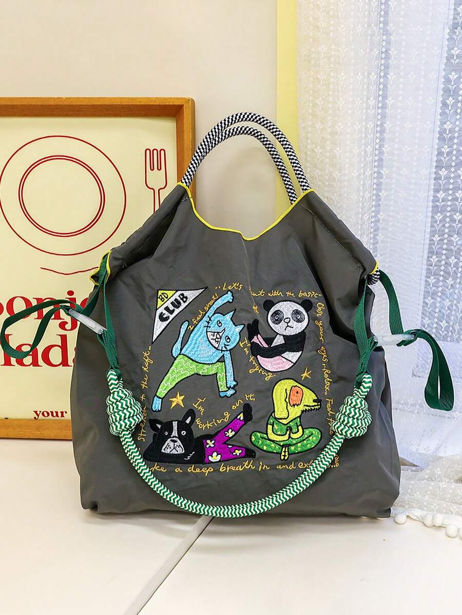 New Versatile Embroidered Animal Yoga Pattern Foldable Shopping Bag Tote Bag Large Capacity Suitable For Beach Party Shoulder Handbag - Multicolor - View 1