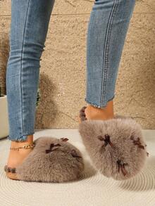 Sandal Jepit Berbulu Lembut dengan Hiasan Pita, Sandal Anti Selip Hangat dan Nyaman untuk Musim Gugur/Dingin, Cocok untuk Penggunaan di Luar dan Dalam Ruangan - Khaki - View 6