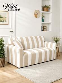 1pc Striped Print Milk Silk Sofa Protector Cover, High Elasticity Removable Washable All-Season Stretch Full Sofa Slipcover And 1pc No Filling Pillow Cushion Cover, Suitable For Patio, Garden, Poolside, Multiple Occasions, Summer Leisure - Multicolor - View 2