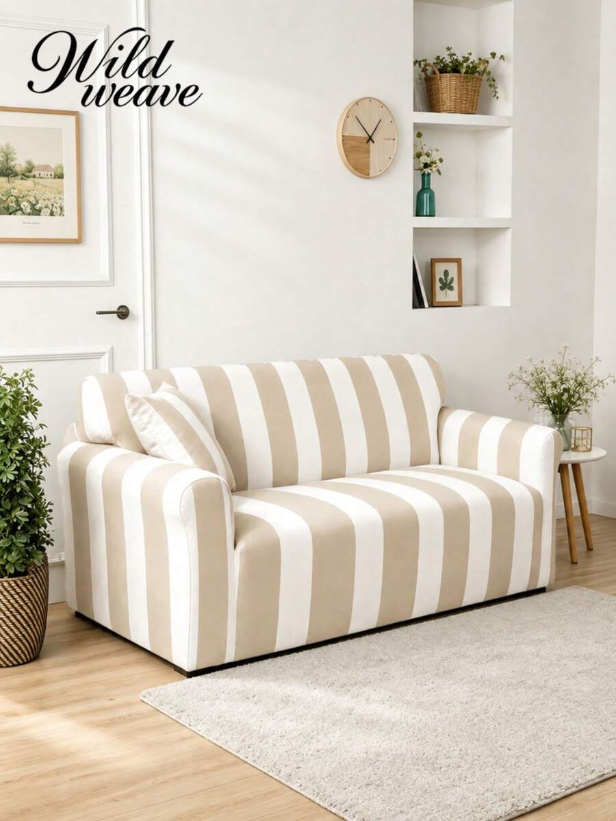 1pc Striped Print Milk Silk Sofa Protector Cover, High Elasticity Removable Washable All-Season Stretch Full Sofa Slipcover And 1pc No Filling Pillow Cushion Cover, Suitable For Patio, Garden, Poolside, Multiple Occasions, Summer Leisure