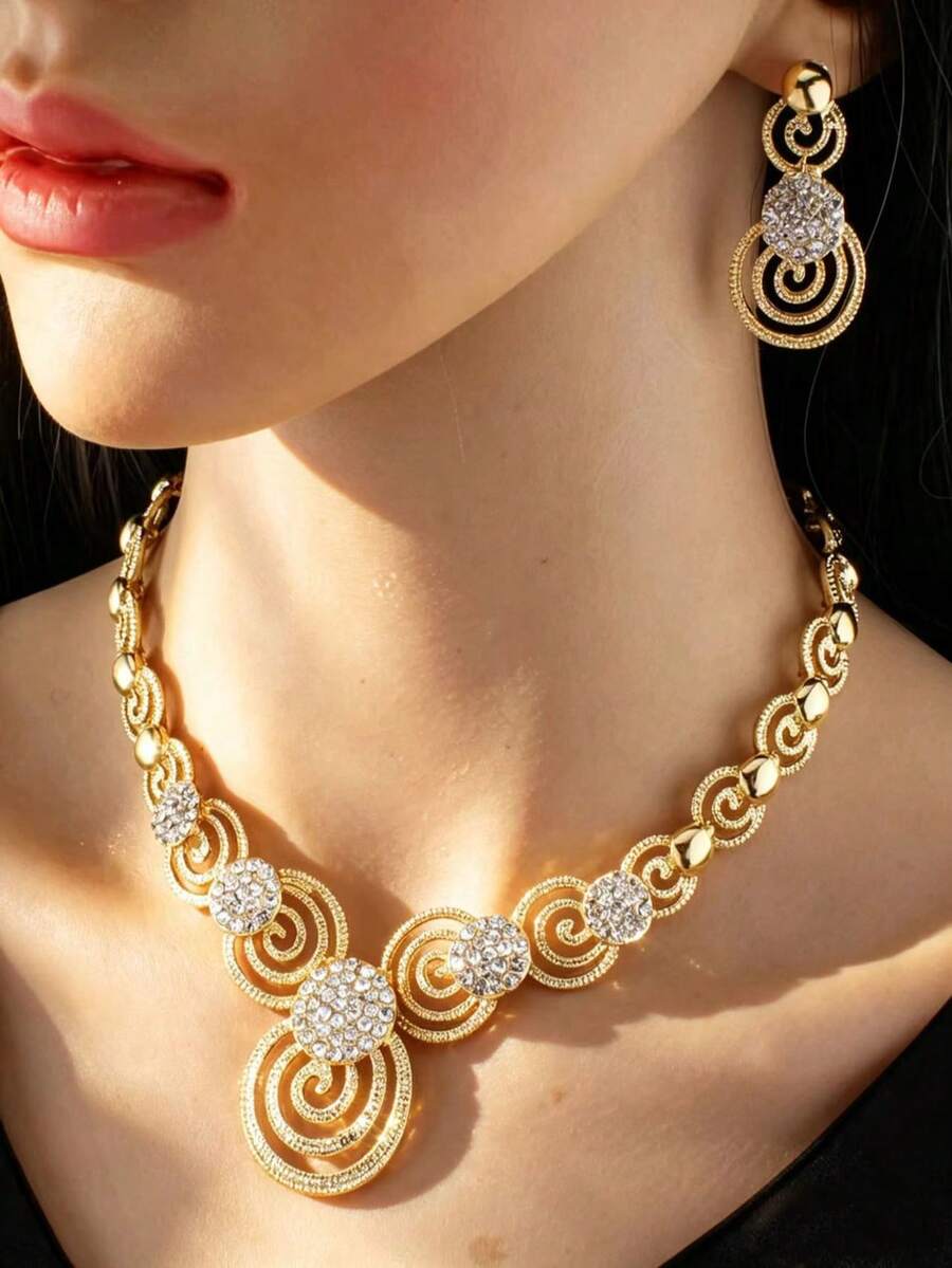 Set de 3 piezas de joyería con cristal hueco redondo, collar y aretes para fiesta formal/boda como regalo