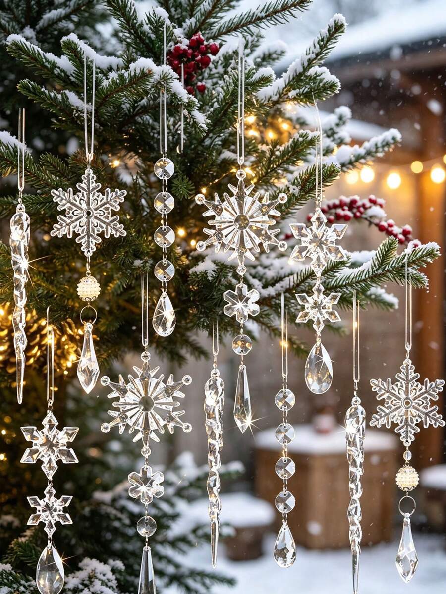 18/1pc Christmas Snowflake Icicle Hanging Decor, Christmas Tree Ornament, Crystal Clear Glitter Acrylic Snowflake Icicle Pendant With Ribbon, For Christmas Tree And Home Decoration - Multicolor - View 1