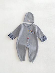 Baby Girl INS Minimalist Gray Knit Plaid 2 In 1 Contrast Button Puppy Patch Long Sleeve Jumpsuit - Grey - View 4