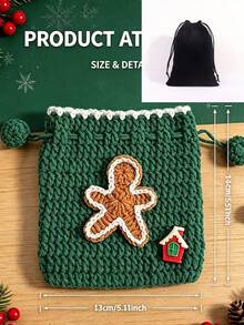 10/1pc Handmade Crochet Knitted Drawstring Storage Bag, Square Mini Soft Woven Pouch With Pom Pom Drawstring, 3D Santa Claus Snowflake Gingerbread Man Christmas Tree Applique Decor, Small Coin Purse, Christmas Holiday Party Decoration Gift Bag - Multicolor - View 11