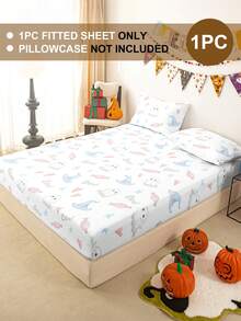 1pc Halloween & Thanksgiving Ghost Pumpkin Print Fitted Sheet, Silent Non-Slip, Machine Washable, Durable & Easy Care, All Season, Suitable For Multiple Bed Sizes, Home, Dorm, Apartment, Guest Room, Rental, Bedroom Decor & Holiday Gift - Multicolor - View 2