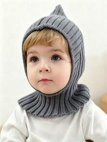 1pc Baby Solid Color Plain Soft Knitted Warm Balaclava Hat, Minimalist Pointed Hood With Neck Protection, Suitable For Autumn/Winter Daily Wear - Multicolor - View 3