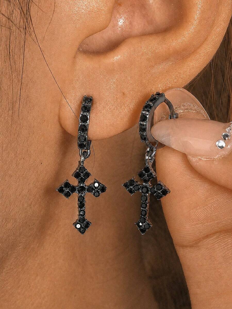 rakol 2pcs Cross & Rhinestone Decorated Punk Style Dangle Earrings - Black - View 1
