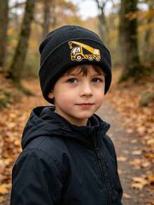 Kids Cuffed Knit Beanie, Excavator, Crane Truck Embroidery Warm Winter Hat For Boys 6‑12Y,Gift For Engineering Vehicle Lovers - Crane - View 2