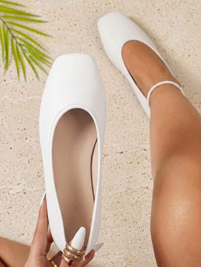 French Style Basic Square Toe Flat Shoes, Pure White Soft Surface Comfortable Slouchy Flat Heel Women's Shoes, Minimalist Loafers