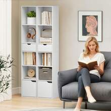 Boekenkast, boekenplank, opbergmeubel met lade, kast, open vakken, 30 x 24 x 158 cm, wit - A - Bekijken 9