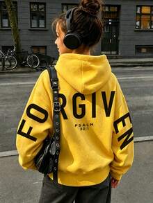 青少年女孩 1件 內層保暖加厚標語印花連帽衛衣，學生兒童服飾，適合兒童秋冬長袖上衣，中性款 - 黃色 - 查看 3